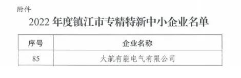 大航有能榮獲2022年度鎮江市專精特新“小巨人”稱號！